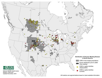 地图distributiion慢性消耗性疾病在美国的鹿