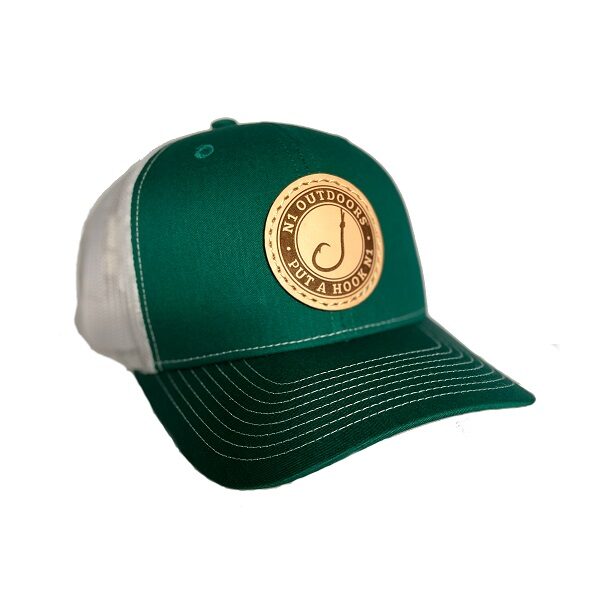 put a hook n1 fish hook leather patch hat green white